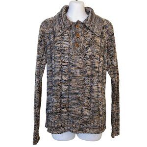Wide Lapel Polo Knit Pullover Sweater Brown Marled Acrylic Vintage Scrambler 80s